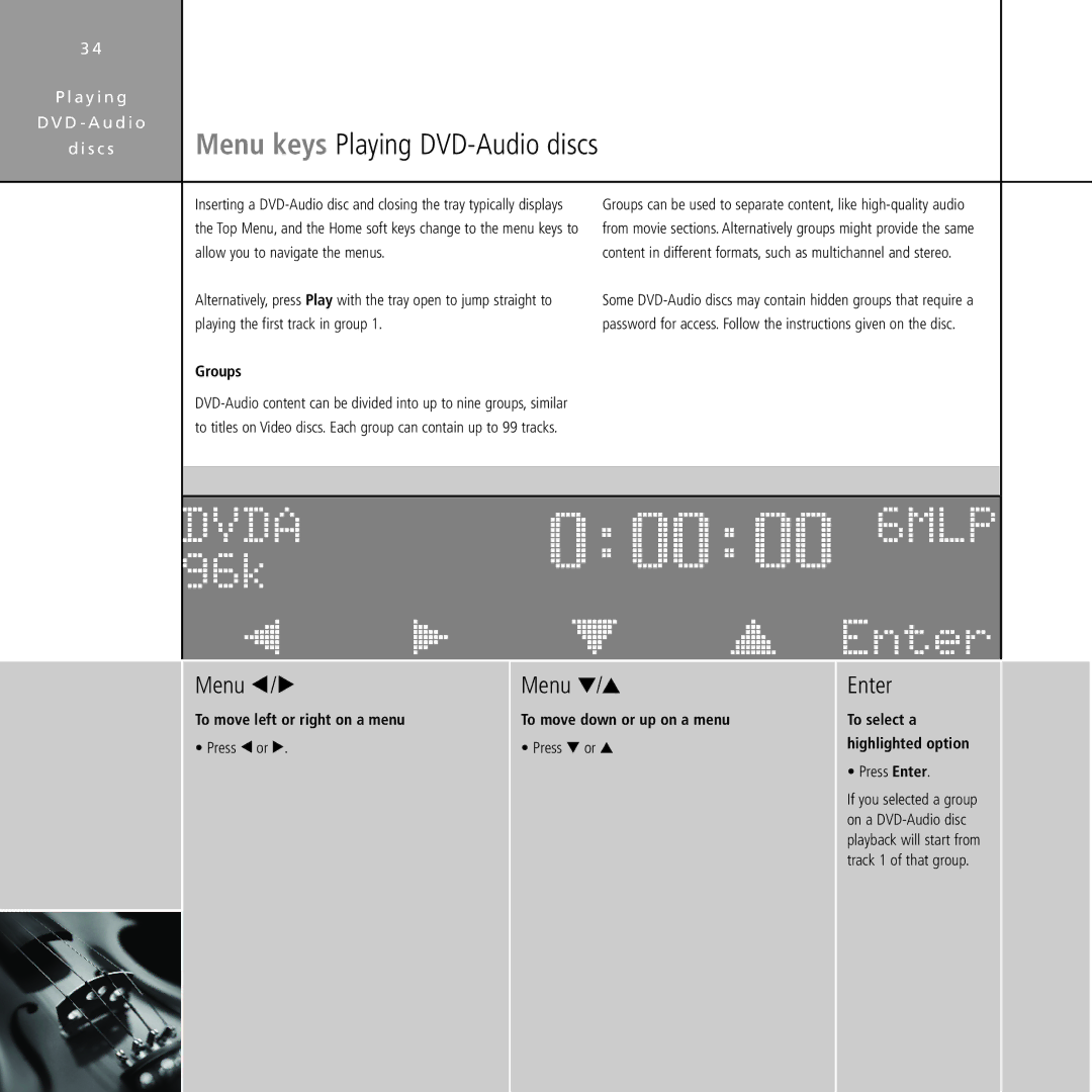 Meridian Audio Stereo System manual 96k Ìî ïñ Óòô öõú Enter, S c s Menu keys Playing DVD-Audio discs, Groups 