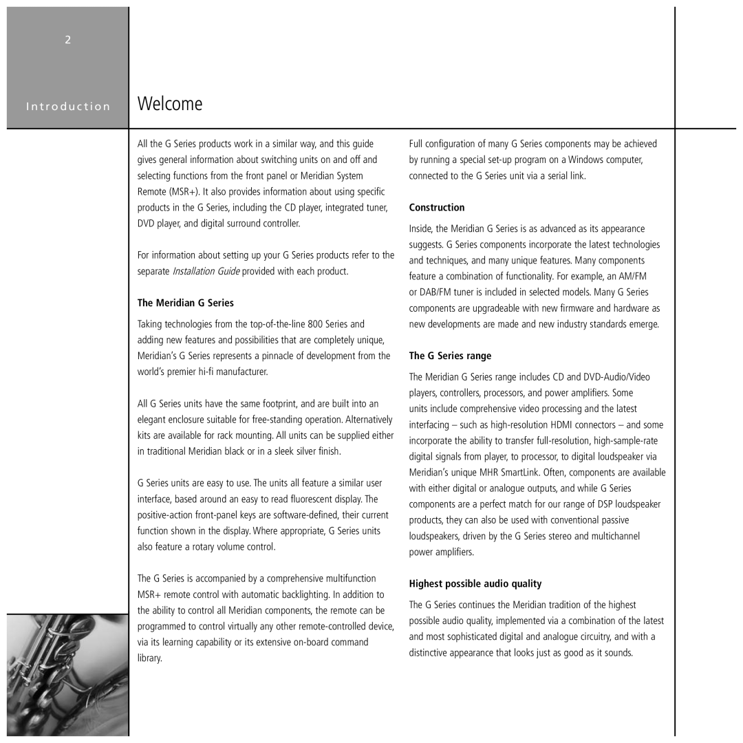 Meridian Audio Stereo System manual Meridian G Series, Construction, G Series range, Highest possible audio quality 