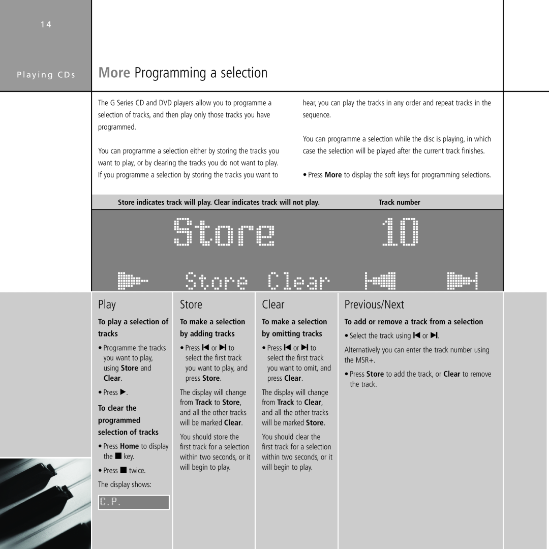Meridian Audio Stereo System manual Store, Clear, àâä ÄÅÉ, P l a y i n g C D s More Programming a selection, Track number 