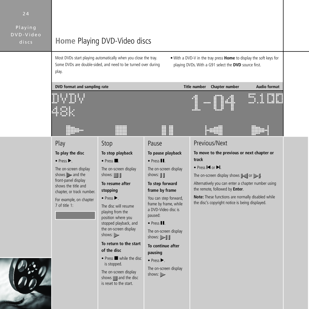 Meridian Audio Stereo System manual 1-04 5Æ£§, DVDV 48k ÄÅÇ, Home Playing DVD-Videodiscs, àâä ÄÅÉ, 1-07, P l a y i n g 