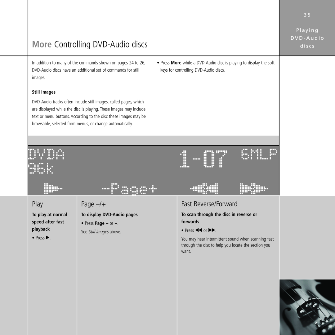 Meridian Audio Stereo System manual 6MLP, DVDA 96k, Page+, ãåç éèê, More Controlling DVD-Audiodiscs, Still images 