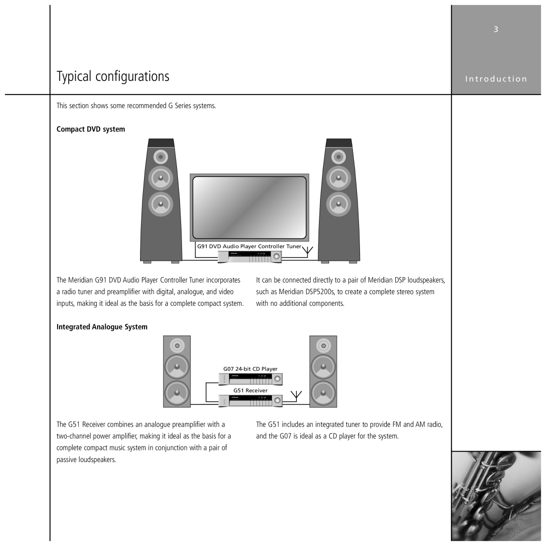 Meridian Audio Stereo System manual Typical configurations, I n t r o d u c t i o n, Compact DVD system 