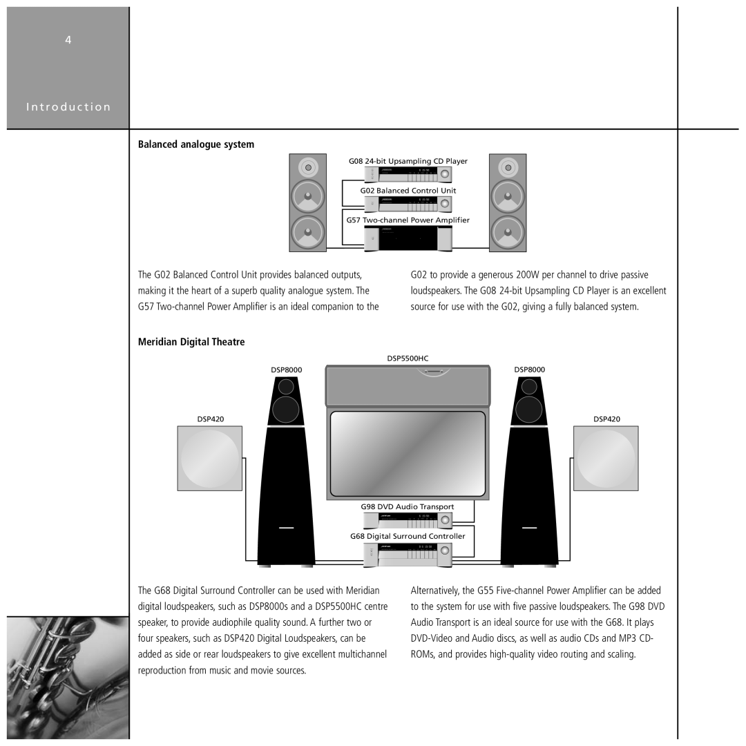 Meridian Audio Stereo System manual I n t r o d u c t i o n, Balanced analogue system, Meridian Digital Theatre 