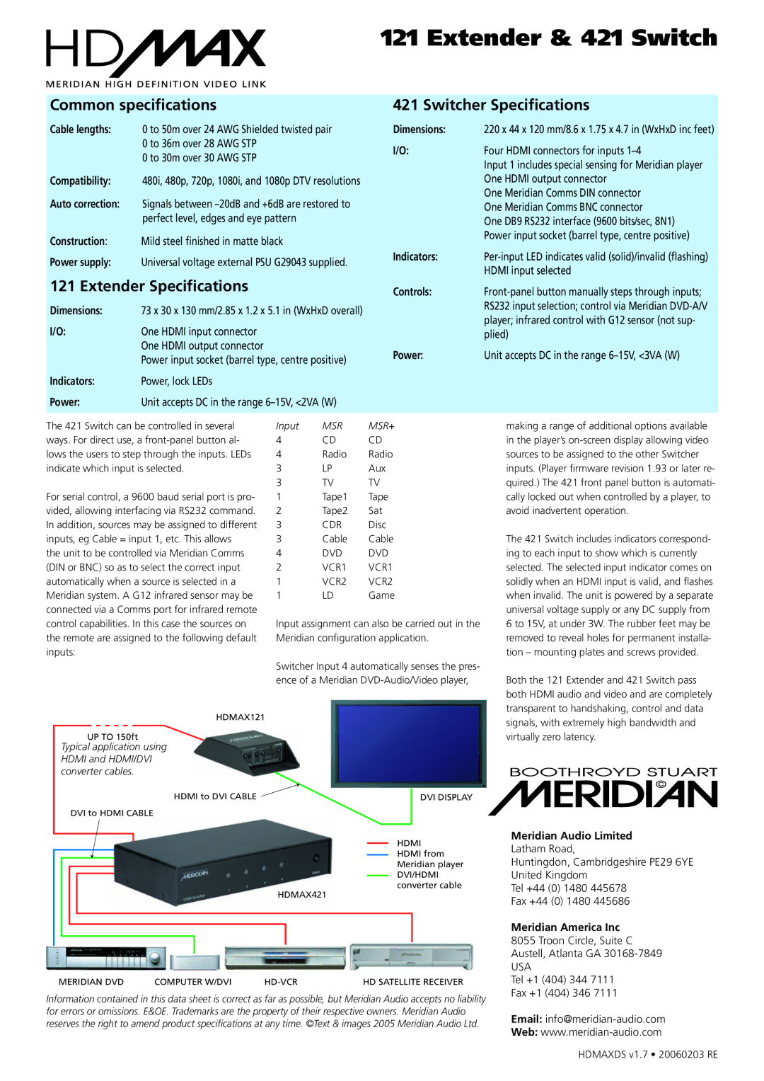 Meridian Audio manual Common specifications, Extender Specifications, Switcher Specifications, To 30m over 30 AWG STP 