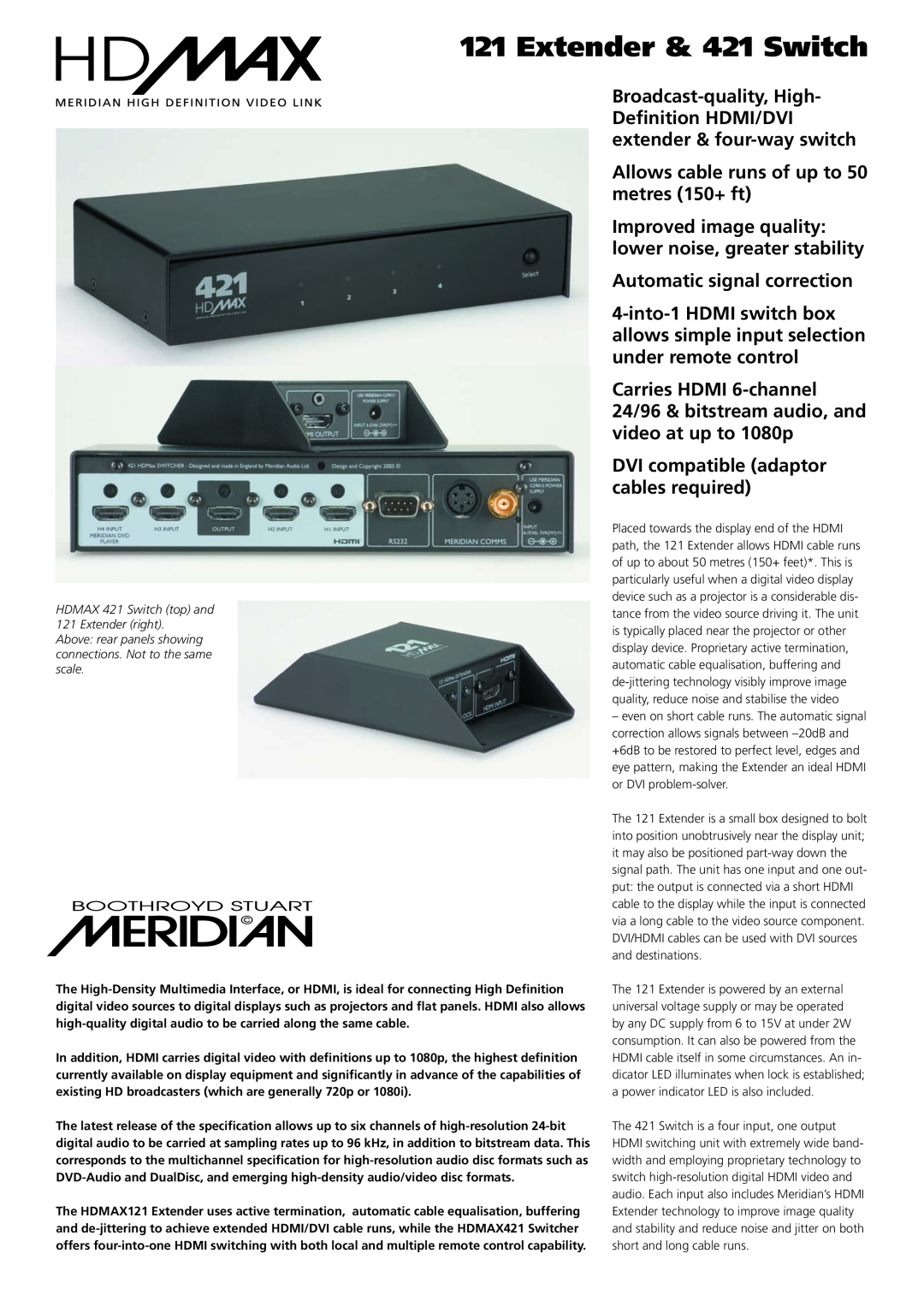 Meridian Audio manual Extender & 421 Switch, Allows cable runs of up to 50 metres 150+ ft, Automatic signal correction 