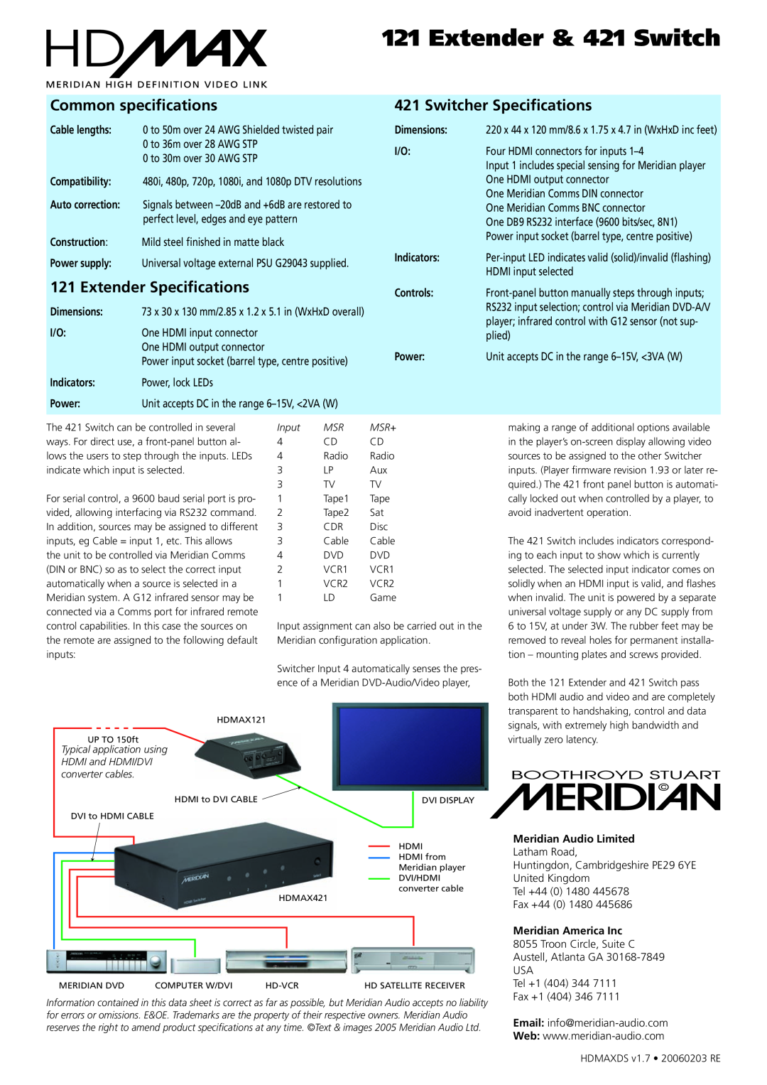 Meridian Audio Common specifications, Extender Specifications, Switcher Specifications, Input, Msr+, HDMI and HDMI/DVI 