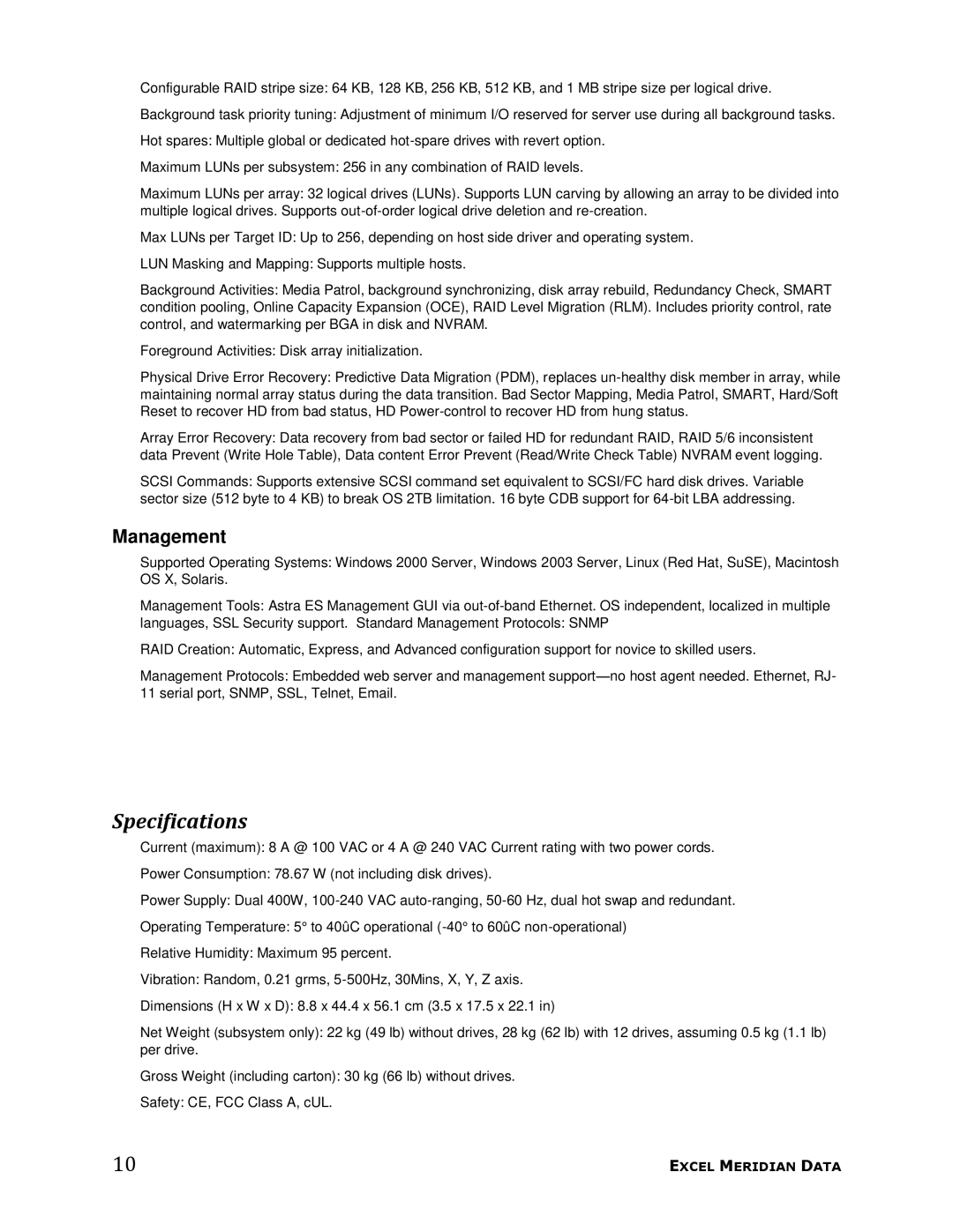 Meridian Data 1 manual Specifications, Management 