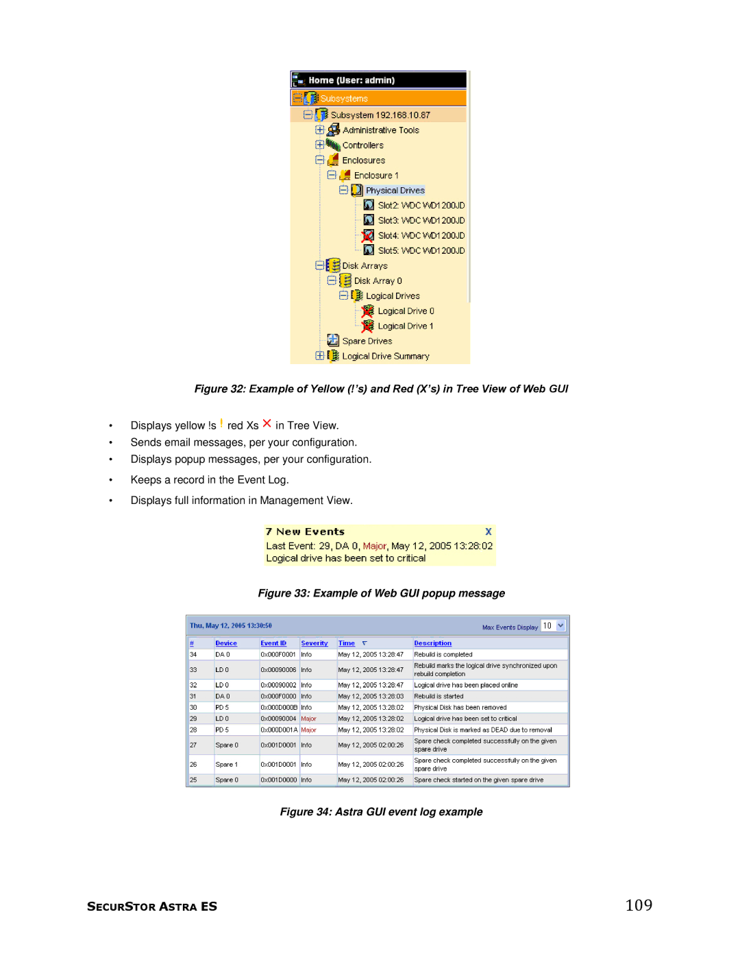 Meridian Data manual 109, Example of Yellow !’s and Red X’s in Tree View of Web GUI 