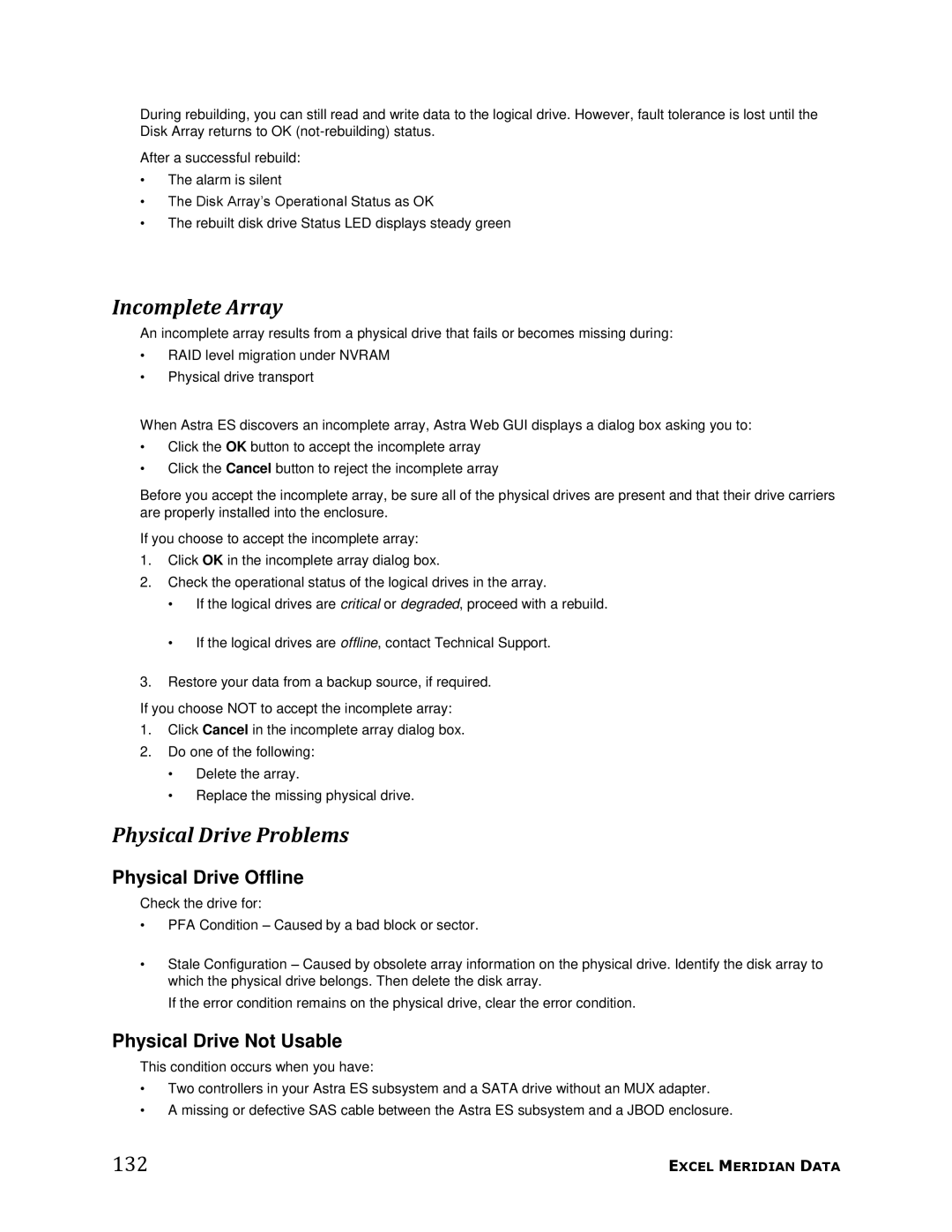 Meridian Data manual Incomplete Array, Physical Drive Problems, 132, Physical Drive Offline, Physical Drive Not Usable 