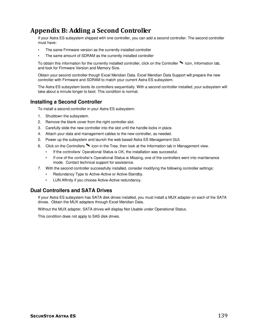 Meridian Data manual 139, Installing a Second Controller, Dual Controllers and Sata Drives 