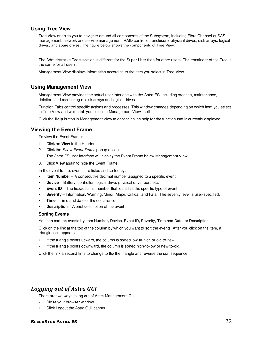 Meridian Data 1 Logging out of Astra GUI, Using Tree View, Using Management View, Viewing the Event Frame, Sorting Events 
