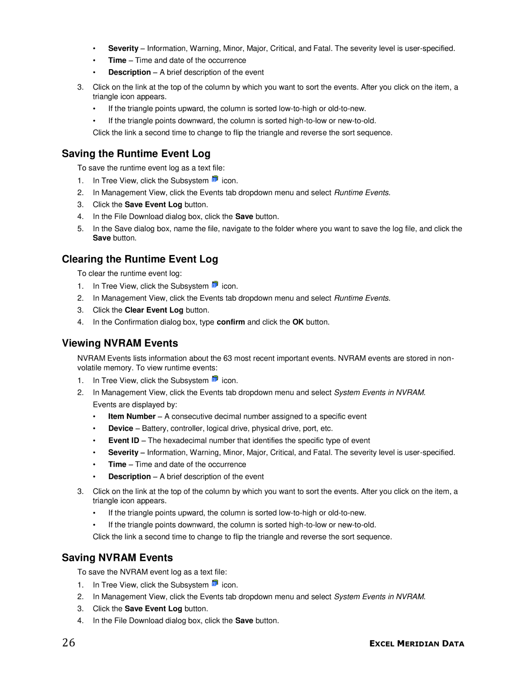 Meridian Data 1 Saving the Runtime Event Log, Clearing the Runtime Event Log, Viewing Nvram Events, Saving Nvram Events 