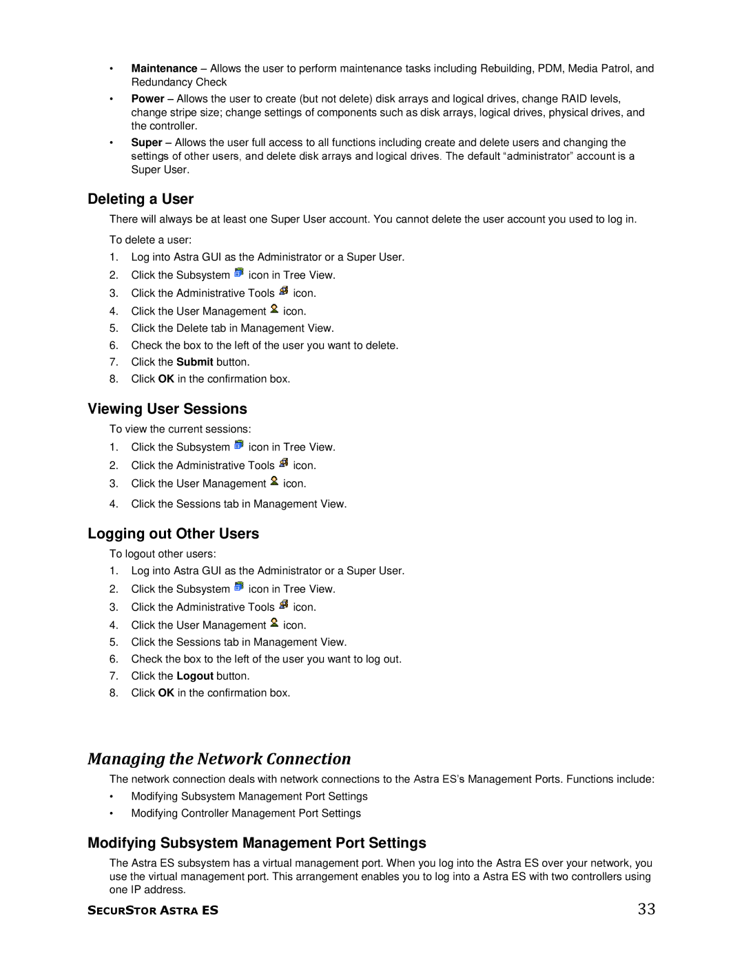 Meridian Data 1 manual Managing the Network Connection, Deleting a User, Viewing User Sessions, Logging out Other Users 