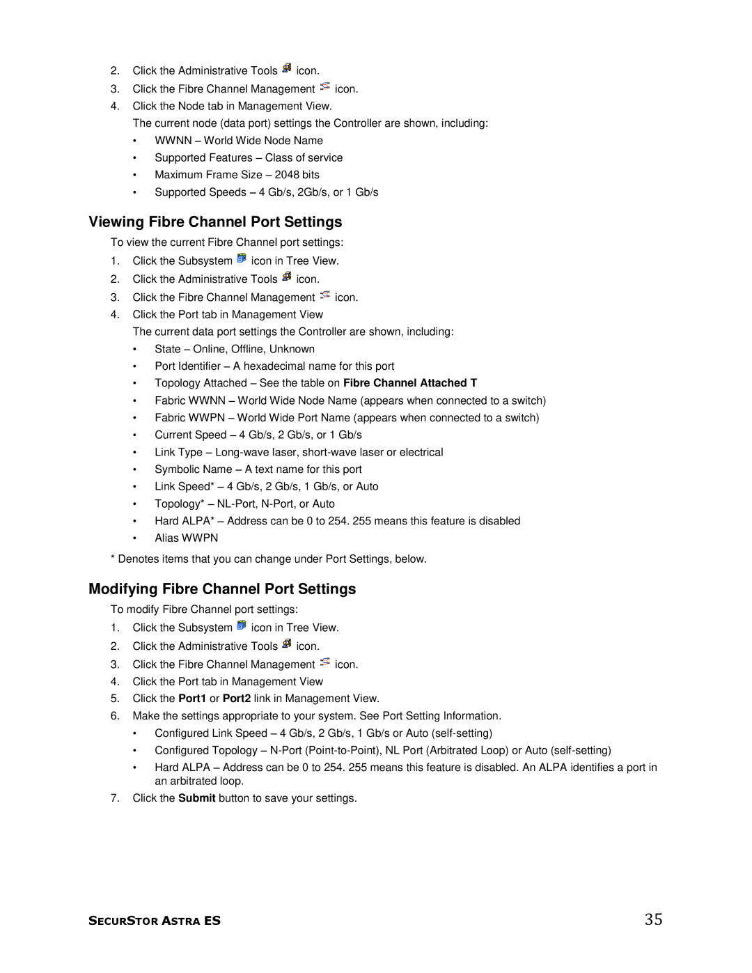 Meridian Data 1 manual Viewing Fibre Channel Port Settings, Modifying Fibre Channel Port Settings 