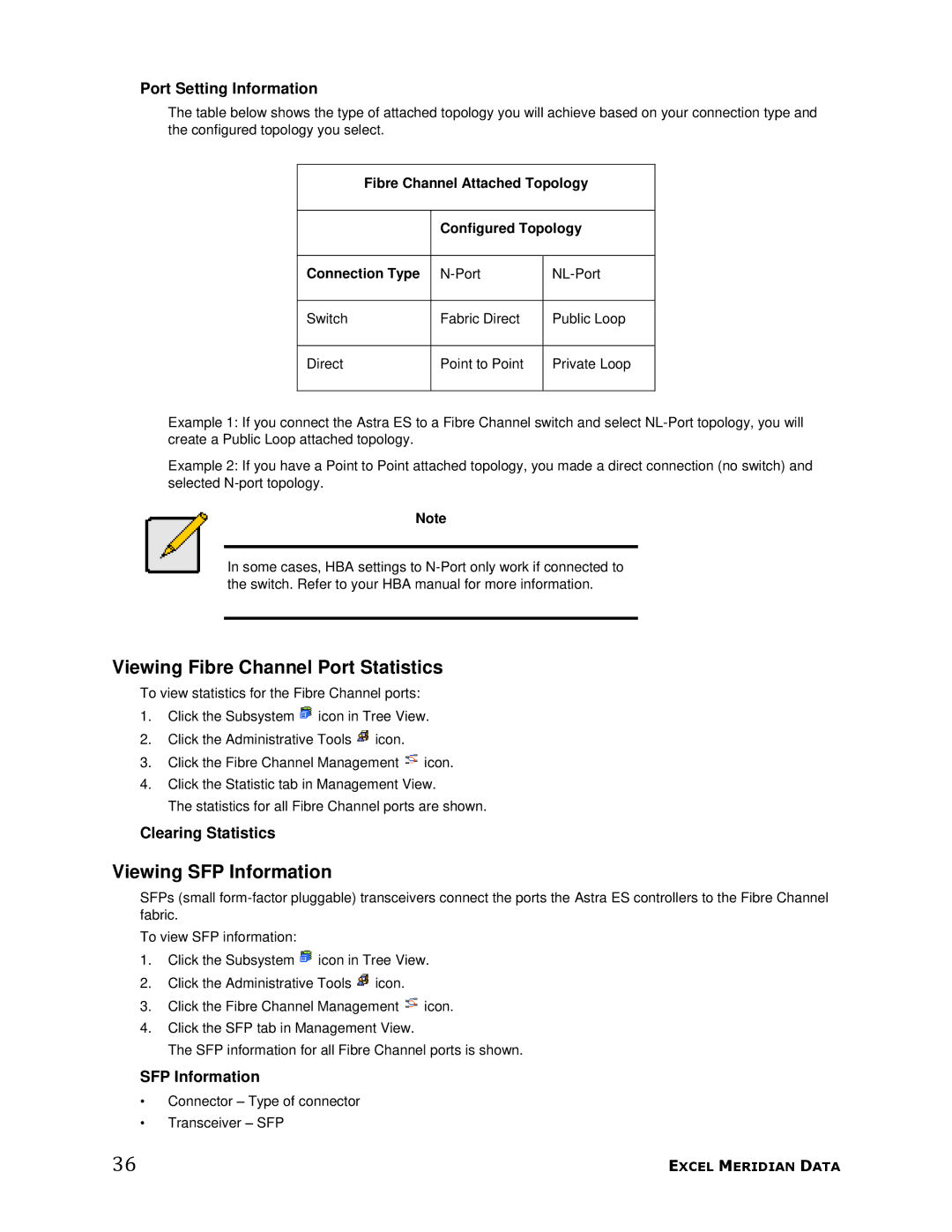 Meridian Data 1 manual Viewing Fibre Channel Port Statistics, Viewing SFP Information, Port Setting Information 