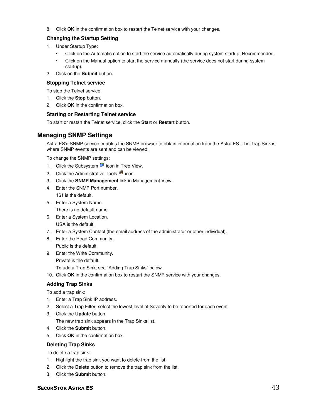 Meridian Data 1 Managing Snmp Settings, Stopping Telnet service, Starting or Restarting Telnet service, Adding Trap Sinks 