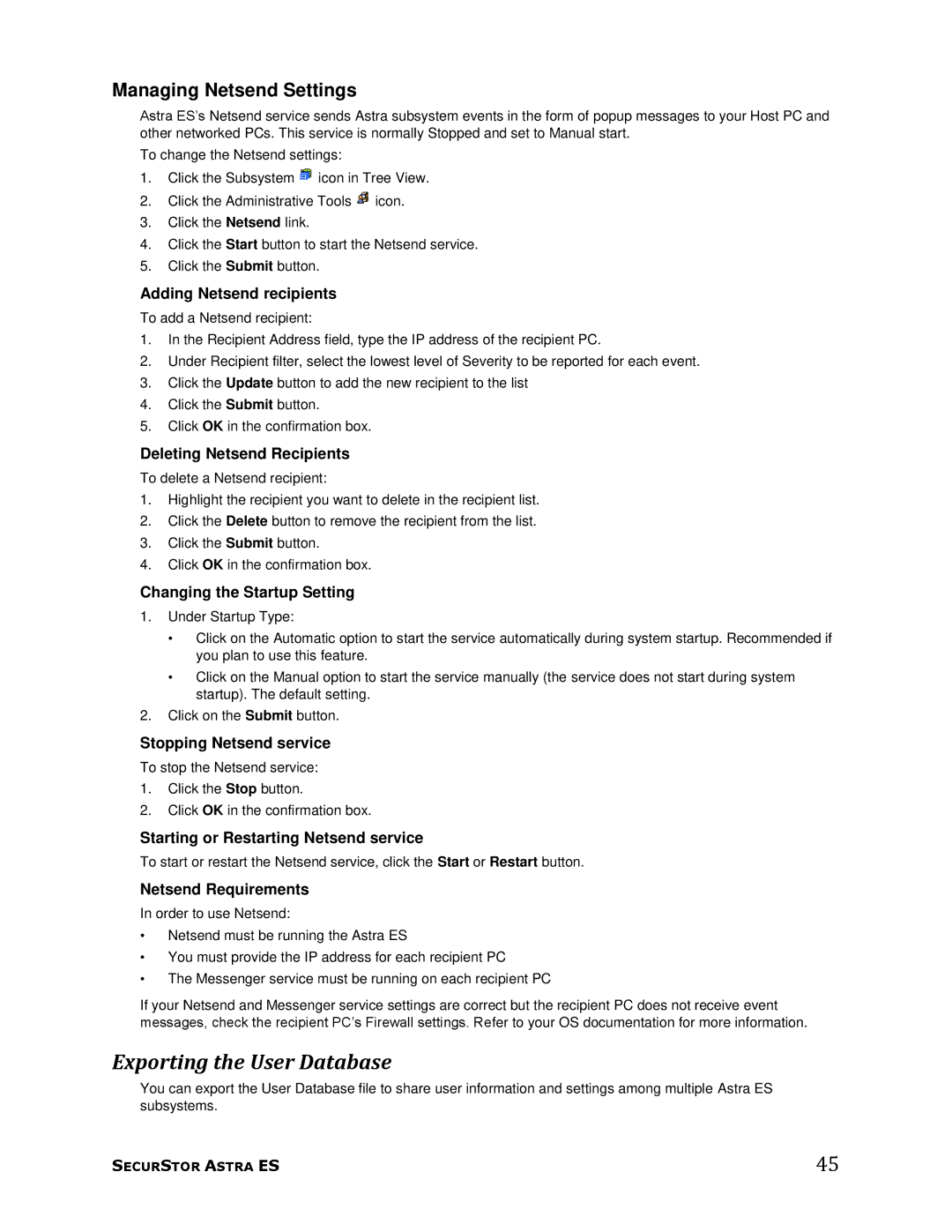 Meridian Data 1 manual Exporting the User Database, Managing Netsend Settings 