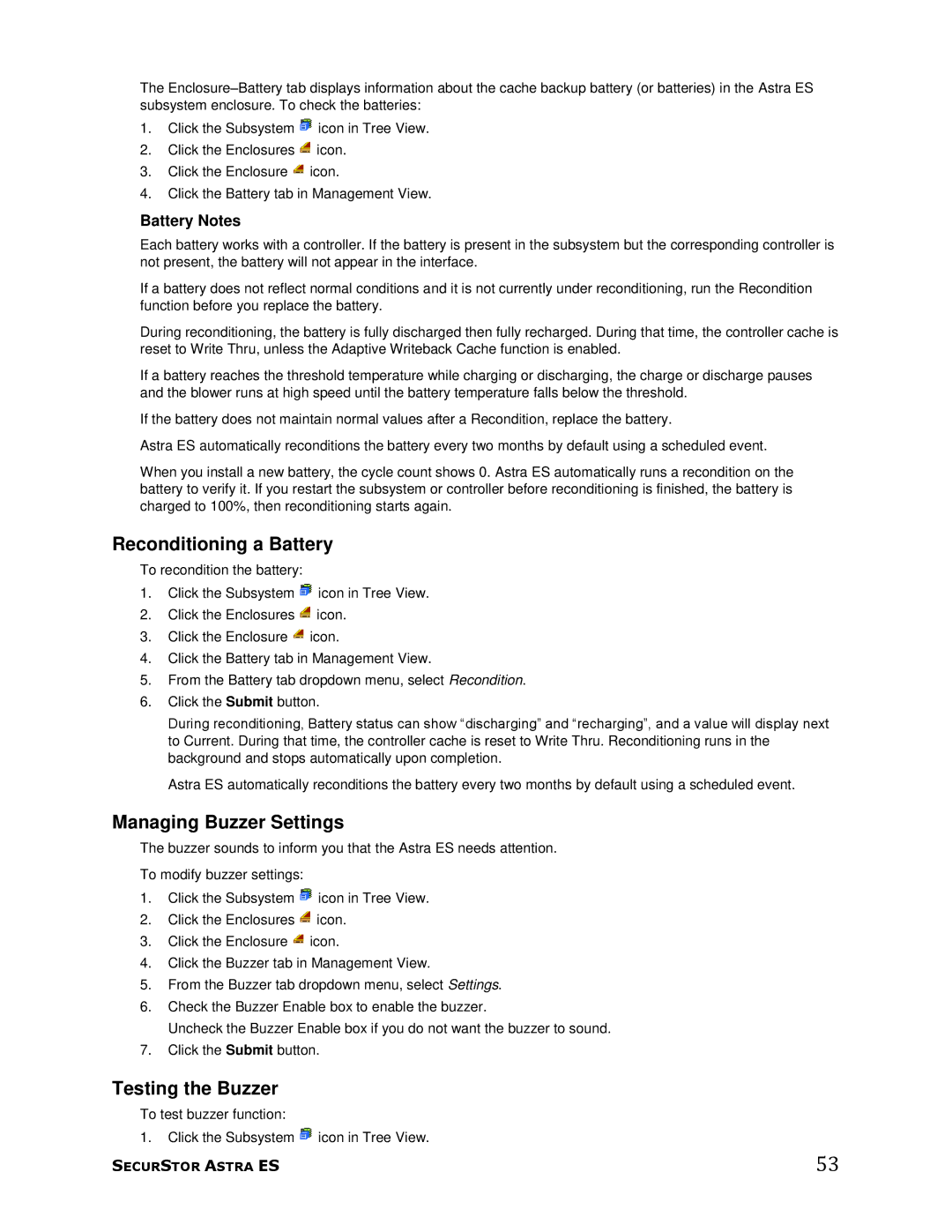 Meridian Data 1 manual Reconditioning a Battery, Managing Buzzer Settings, Testing the Buzzer, Battery Notes 