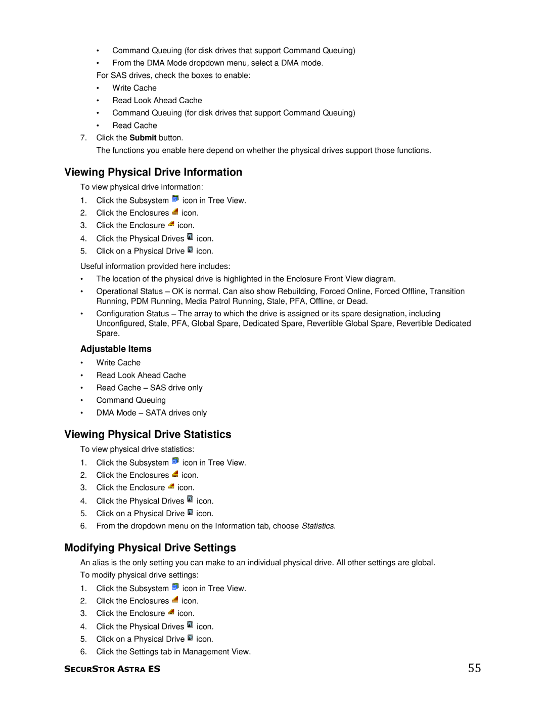 Meridian Data 1 Viewing Physical Drive Information, Viewing Physical Drive Statistics, Modifying Physical Drive Settings 