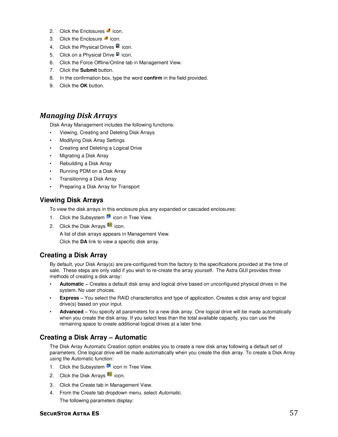 Meridian Data 1 manual Managing Disk Arrays, Viewing Disk Arrays, Creating a Disk Array Automatic 