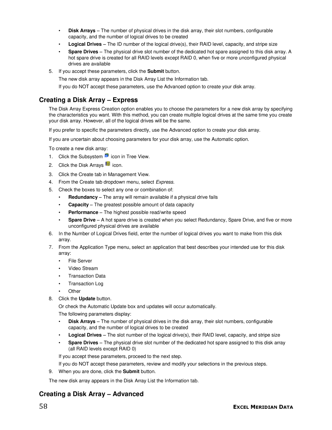 Meridian Data 1 manual Creating a Disk Array Express, Creating a Disk Array Advanced 