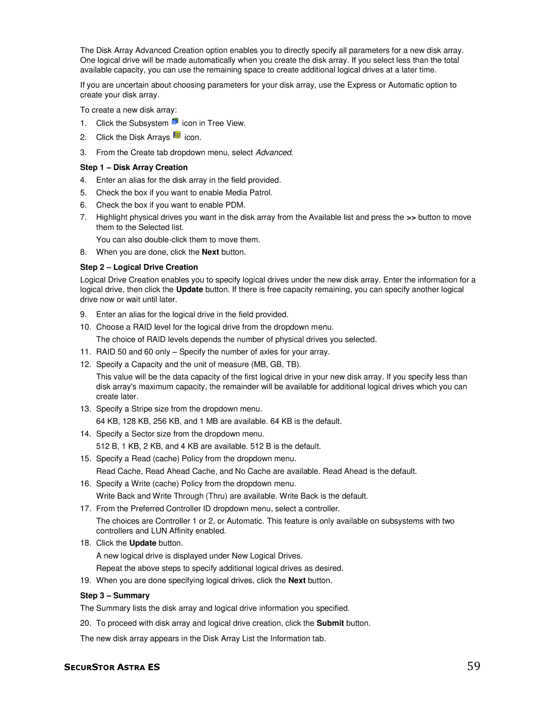 Meridian Data 1 manual Disk Array Creation, Logical Drive Creation, Summary 