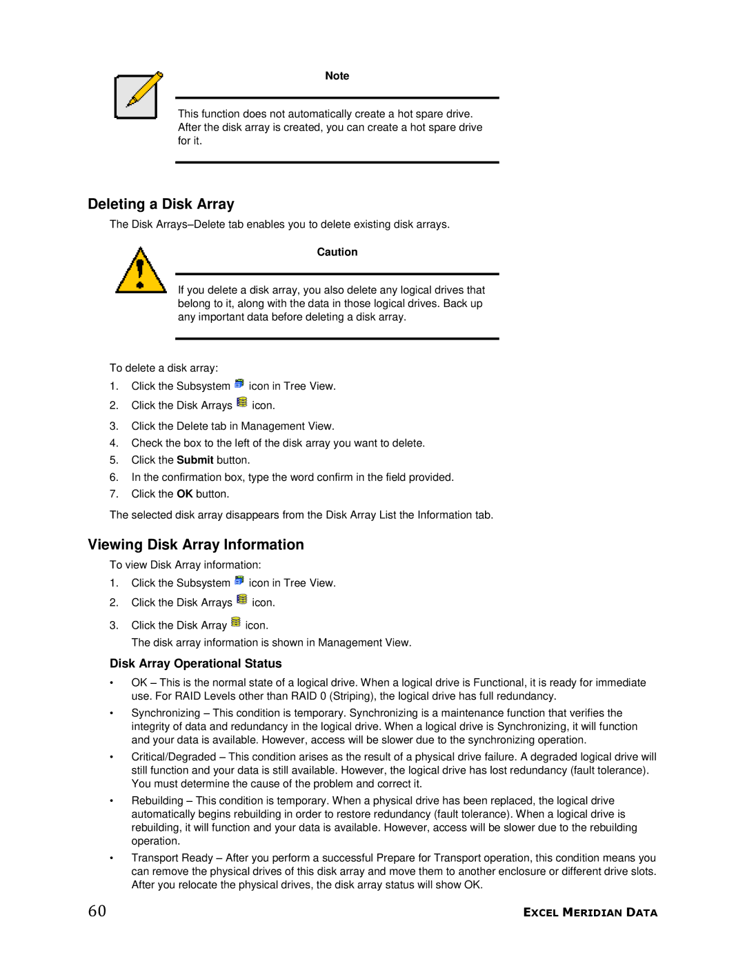 Meridian Data 1 manual Deleting a Disk Array, Viewing Disk Array Information, Disk Array Operational Status 