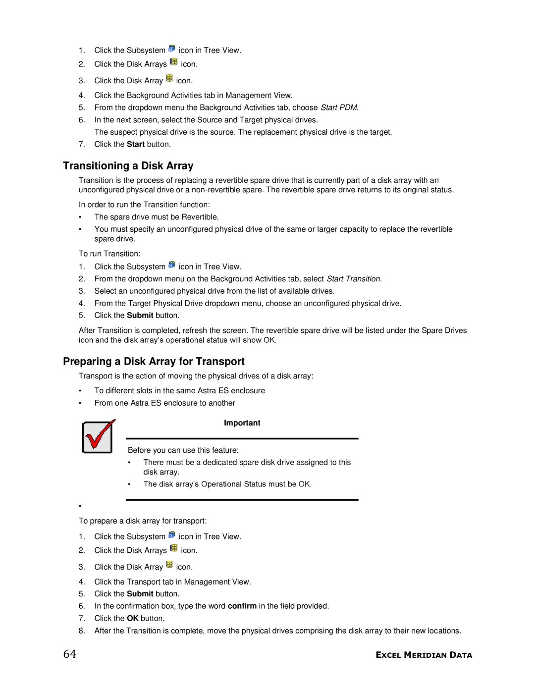 Meridian Data 1 manual Transitioning a Disk Array, Preparing a Disk Array for Transport 