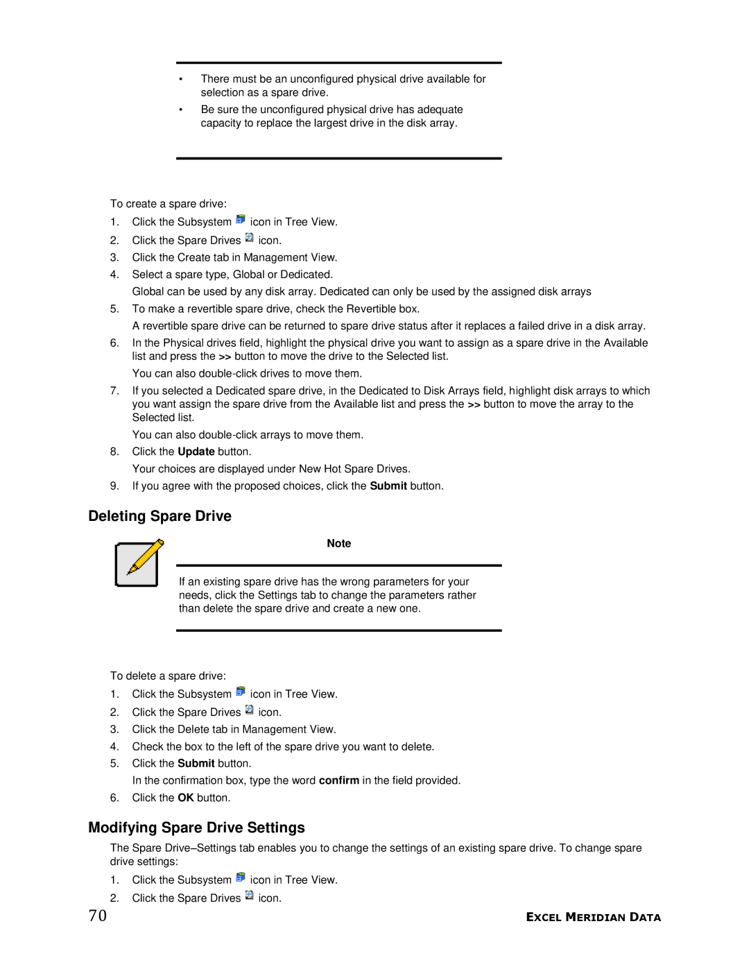 Meridian Data 1 manual Deleting Spare Drive, Modifying Spare Drive Settings 