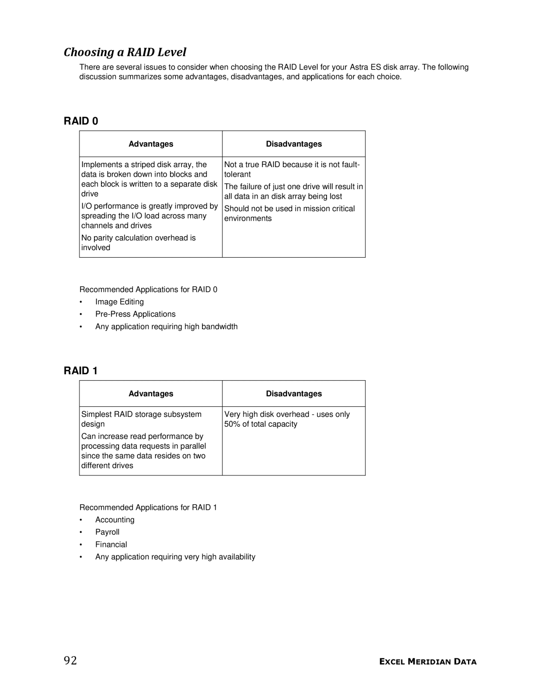 Meridian Data 1 manual Choosing a RAID Level, Advantages Disadvantages 