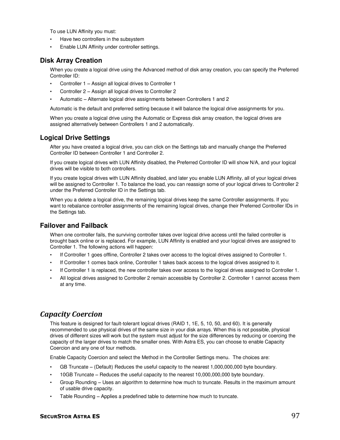 Meridian Data 1 manual Capacity Coercion, Disk Array Creation, Logical Drive Settings, Failover and Failback 