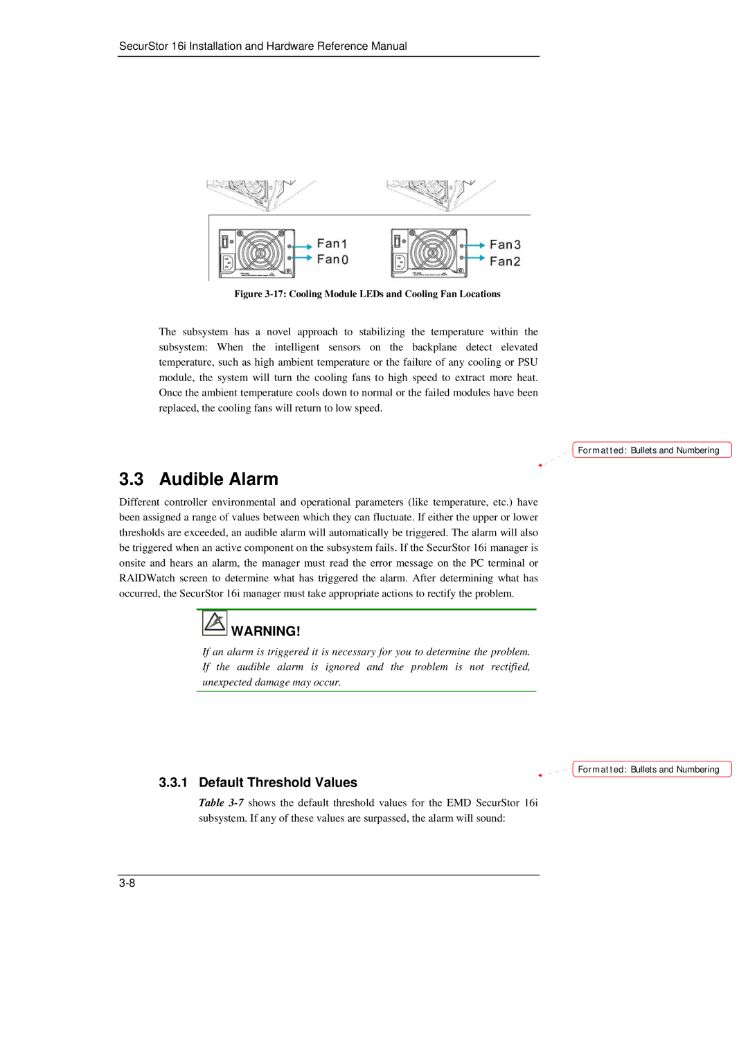 Meridian Data 16i manual Audible Alarm, Default Threshold Values 