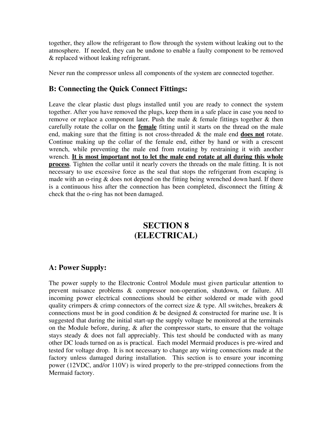 Mermaid REFRIGERATION/FREEZER Section Electrical, Connecting the Quick Connect Fittings, Power Supply 
