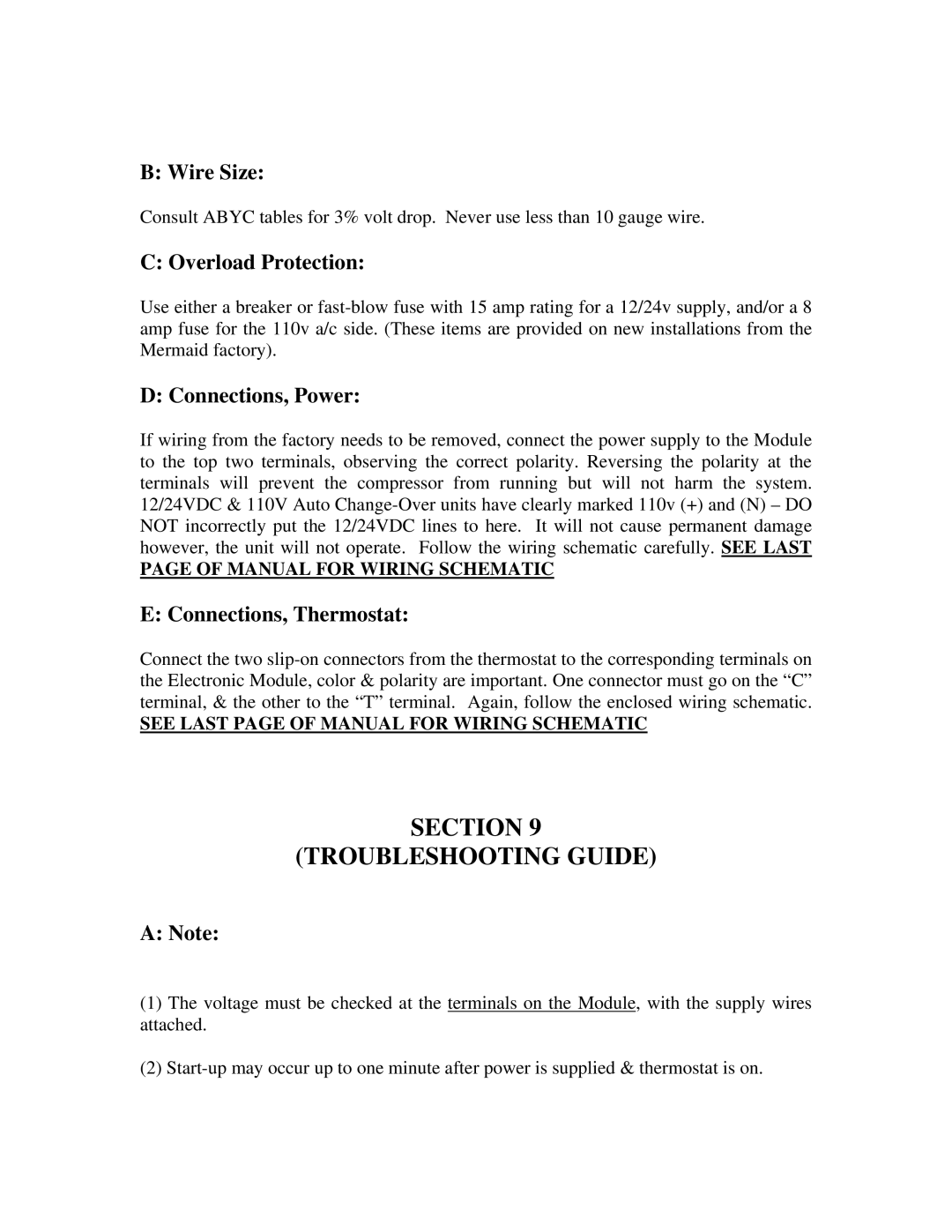 Mermaid REFRIGERATION/FREEZER Section Troubleshooting Guide, Wire Size, Overload Protection, Connections, Power 