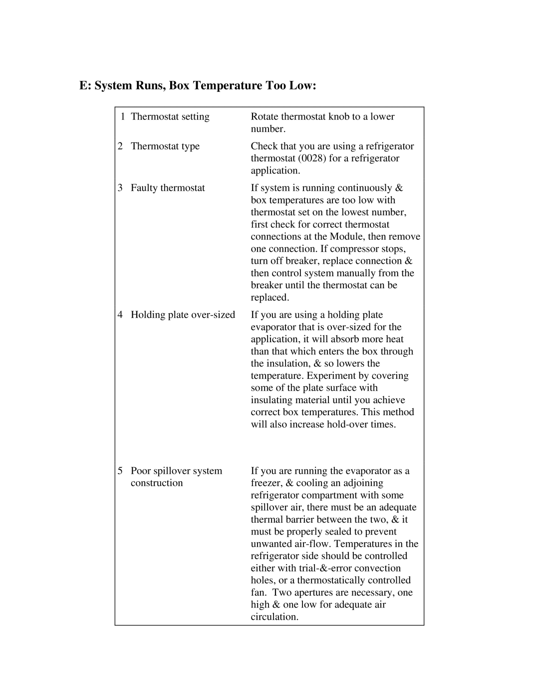 Mermaid REFRIGERATION/FREEZER installation instructions System Runs, Box Temperature Too Low 