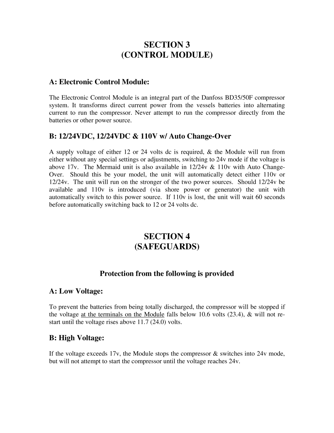 Mermaid REFRIGERATION/FREEZER installation instructions Section Control Module, Section Safeguards 