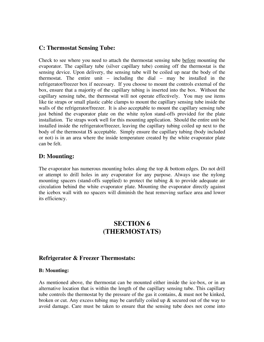 Mermaid REFRIGERATION/FREEZER Section Thermostats, Thermostat Sensing Tube, Mounting, Refrigerator & Freezer Thermostats 