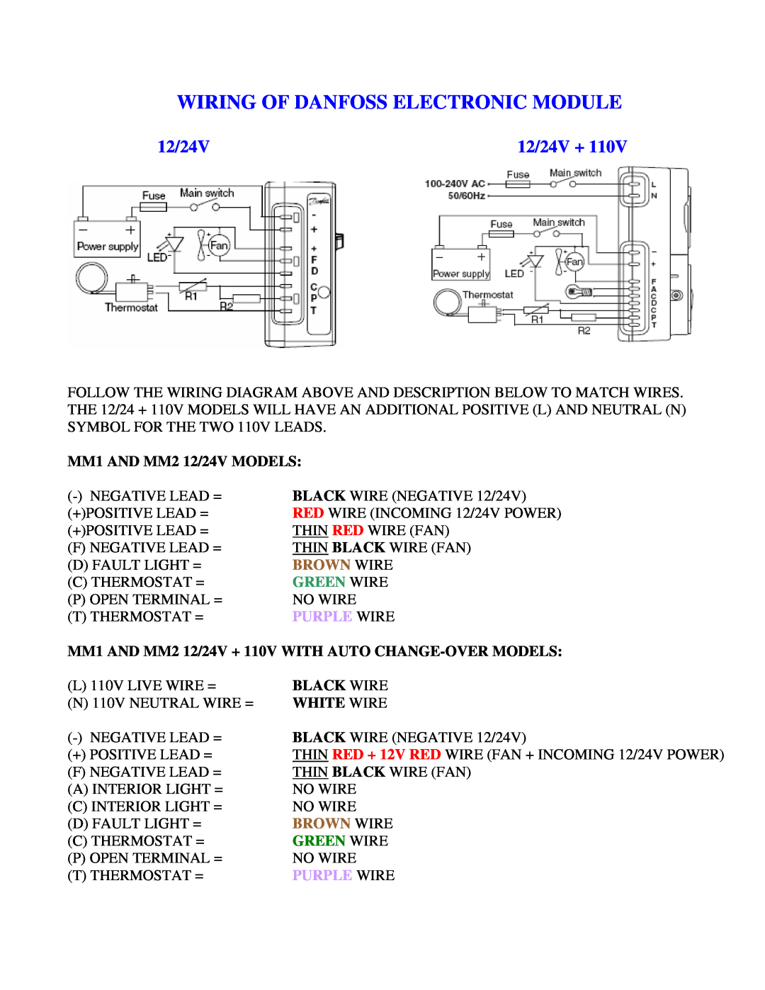 Mermaid REFRIGERATION/FREEZER Wiring Of Danfoss Electronic Module, 12/24V +, Brown Wire, Green Wire, Purple Wire 