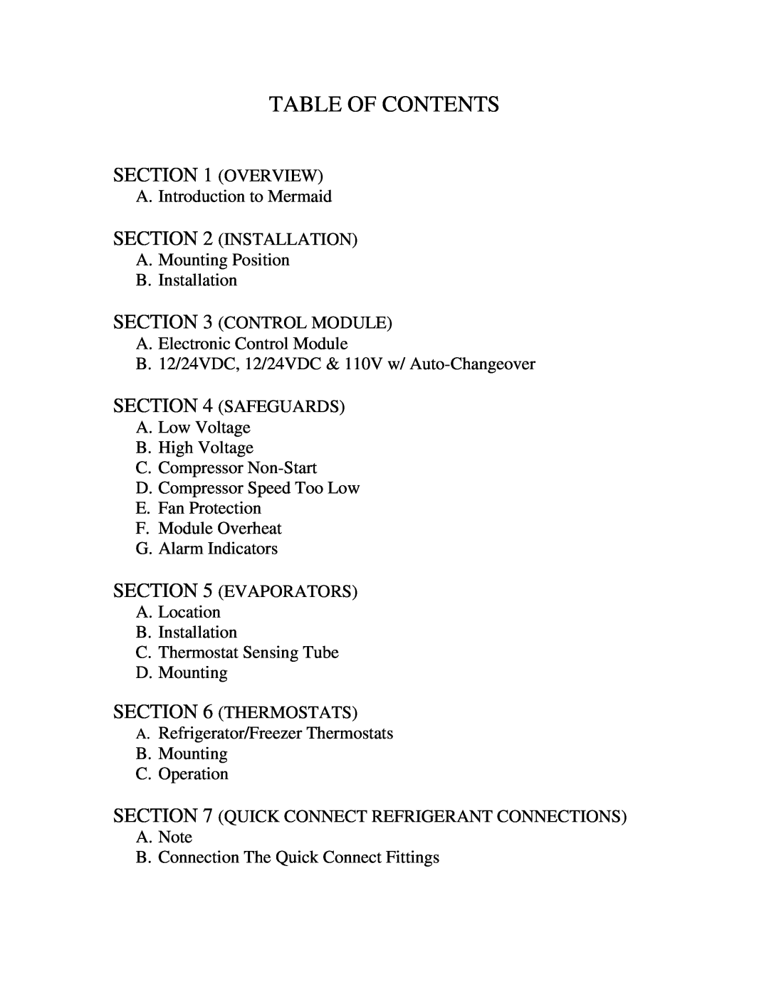 Mermaid REFRIGERATION/FREEZER installation instructions Table Of Contents, Overview 