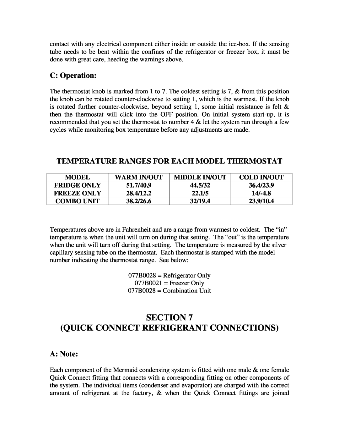 Mermaid REFRIGERATION/FREEZER installation instructions Section Quick Connect Refrigerant Connections, C Operation, A Note 