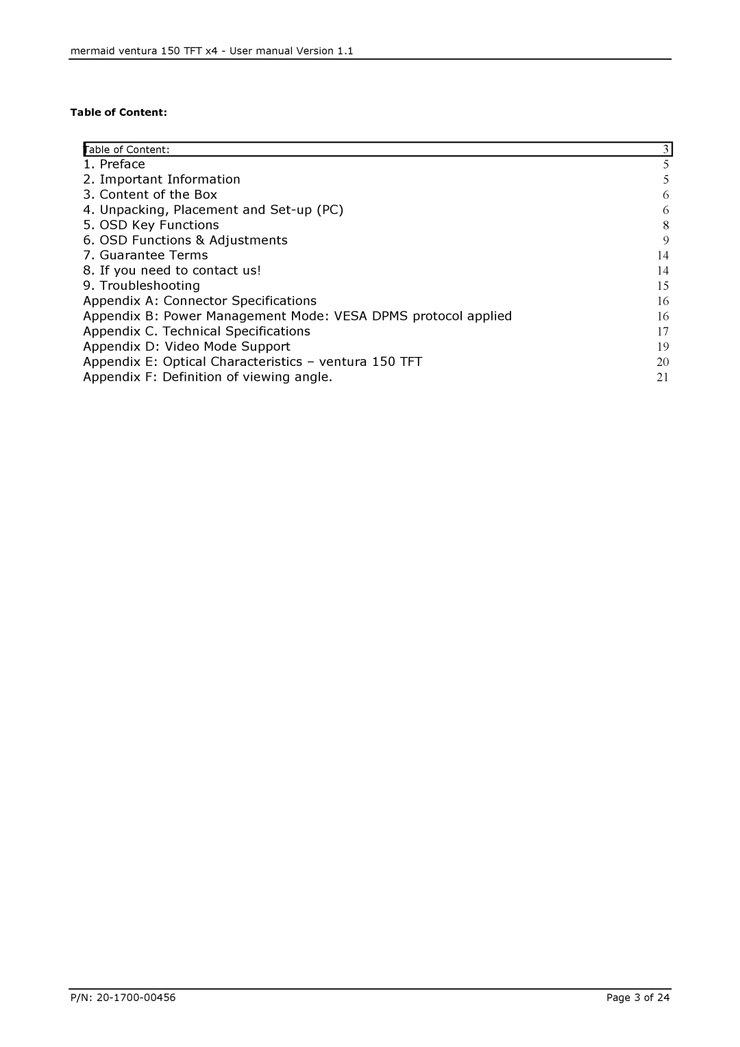 Mermaid Technology 150 user manual Table of Content 