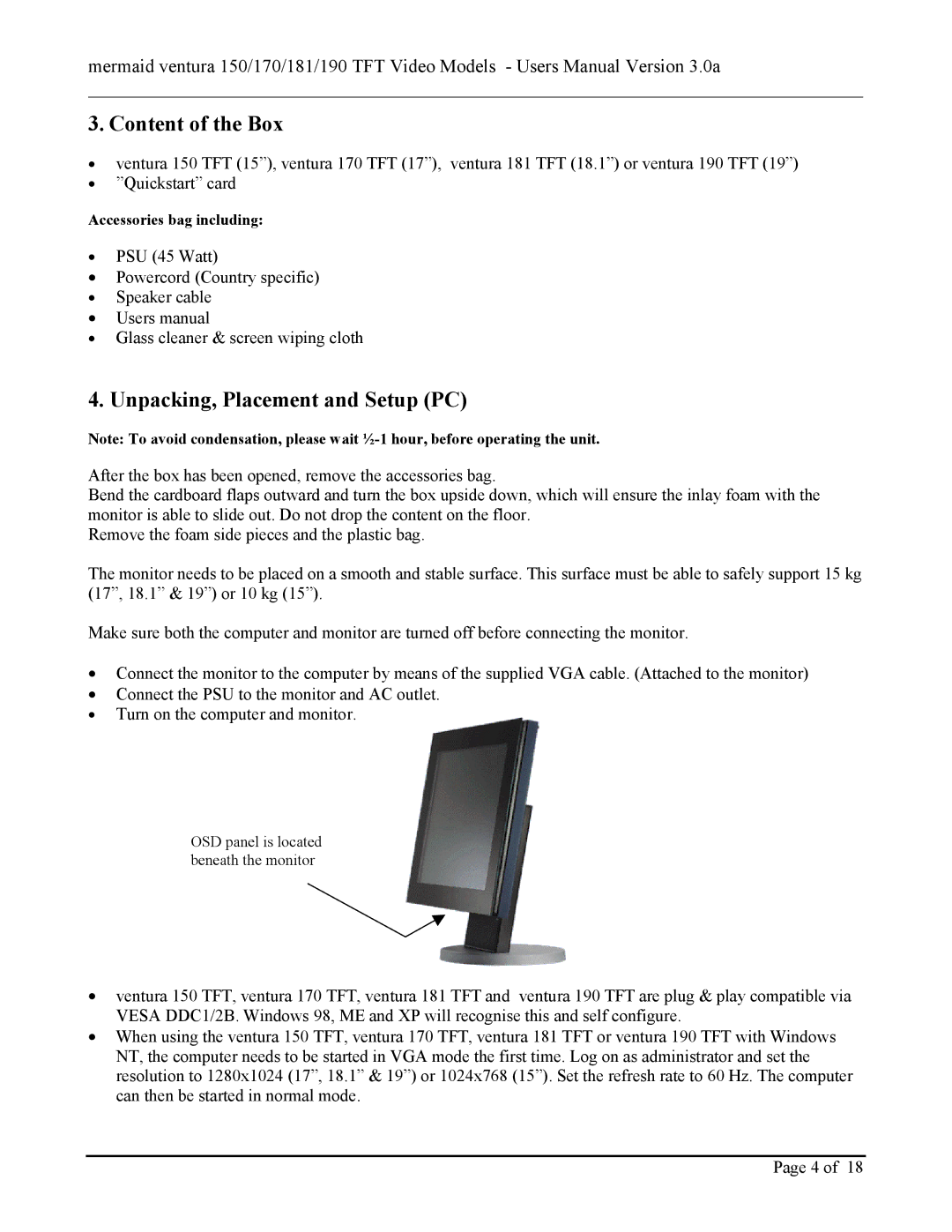 Mermaid Technology 150170181190 Content of the Box, Unpacking, Placement and Setup PC, Accessories bag including 