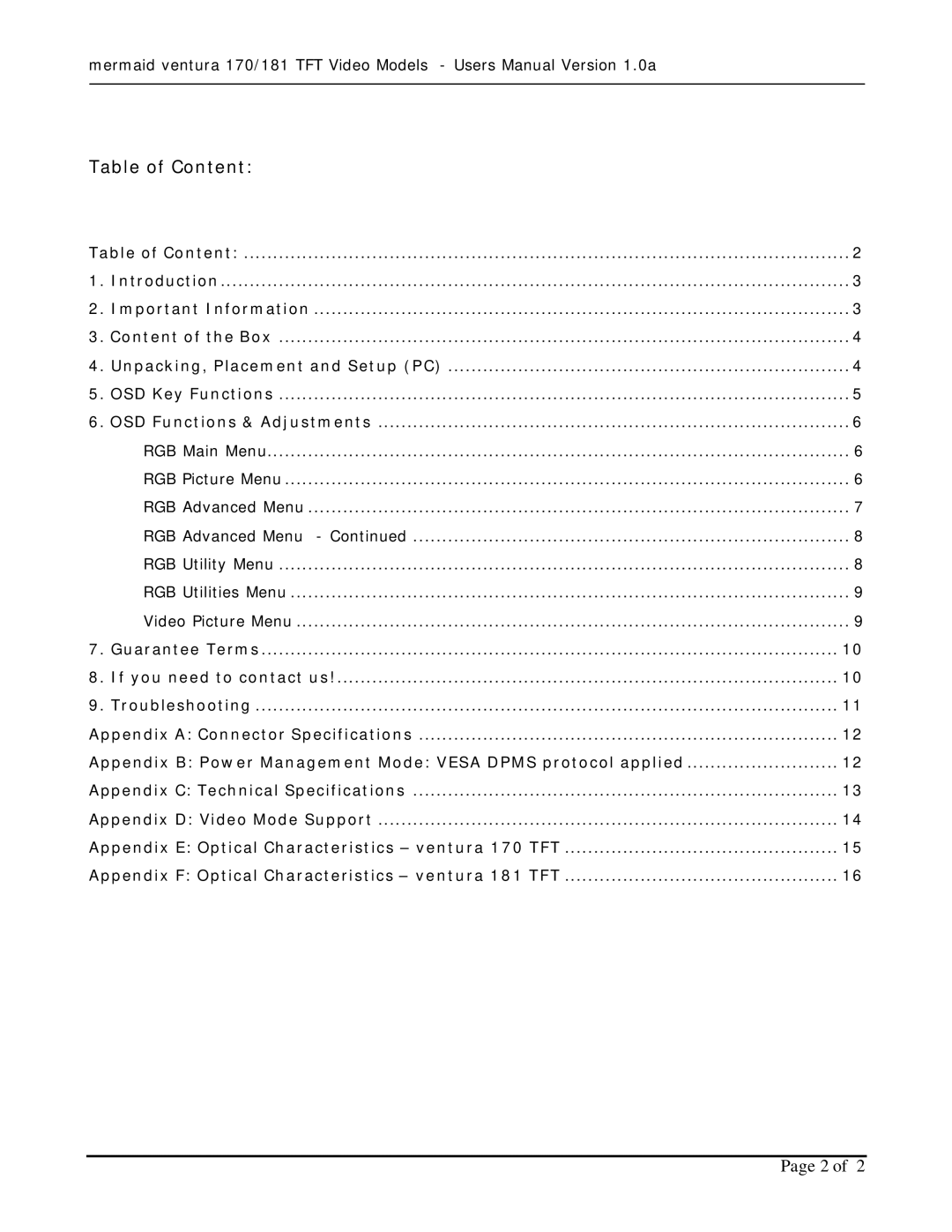 Mermaid Technology 170 Table of Content, Unpacking, Placement and Setup PC, OSD Functions & Adjustments, RGB Advanced Menu 