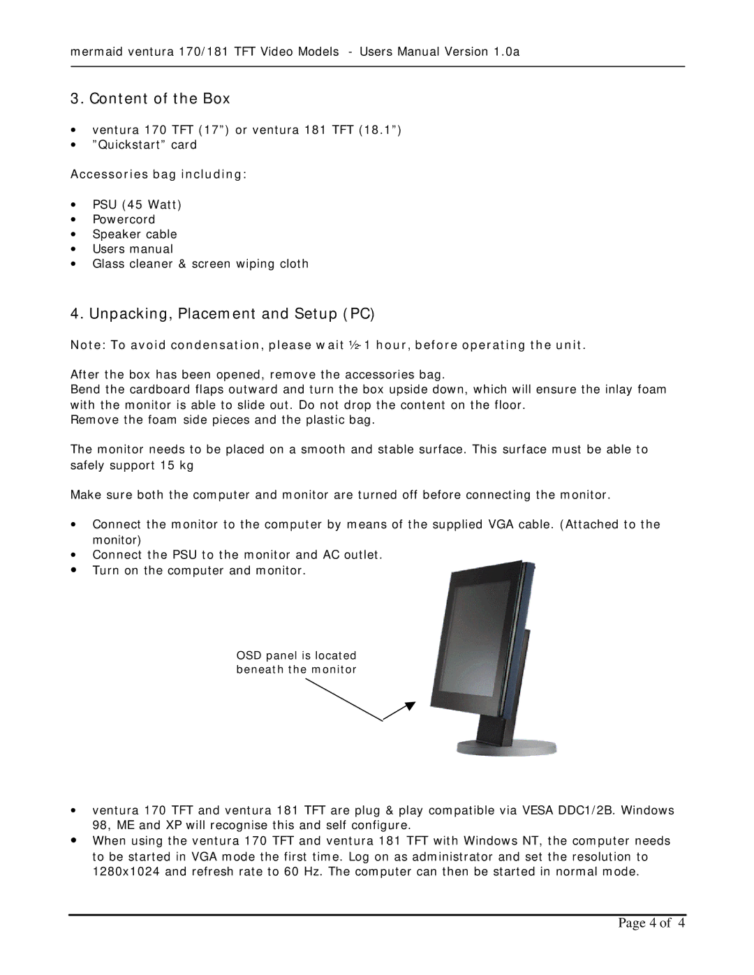 Mermaid Technology 170, 181 user manual Content of the Box, Unpacking, Placement and Setup PC, Accessories bag including 