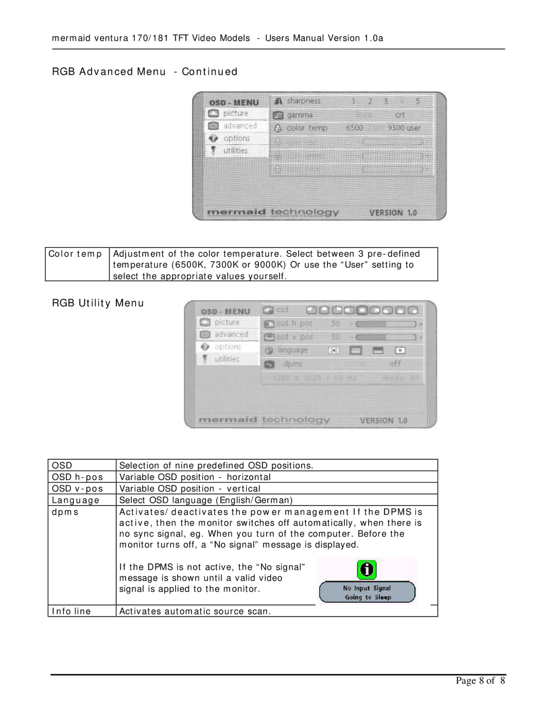 Mermaid Technology 170, 181 user manual RGB Utility Menu 