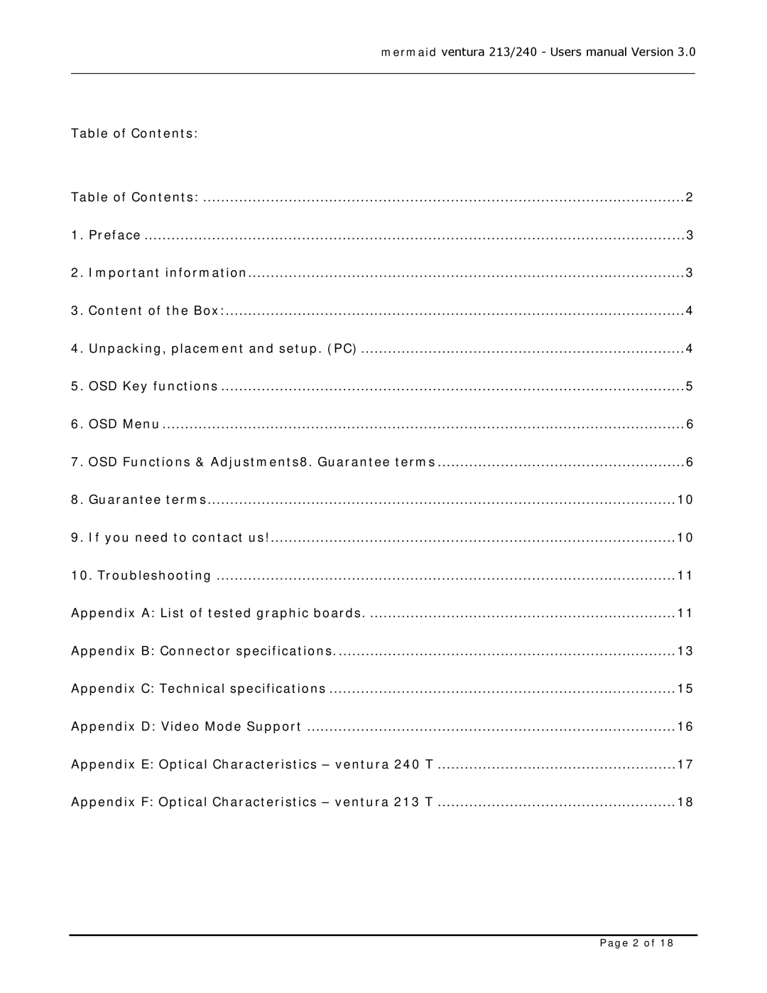 Mermaid Technology 213, 240 user manual Table of Contents 