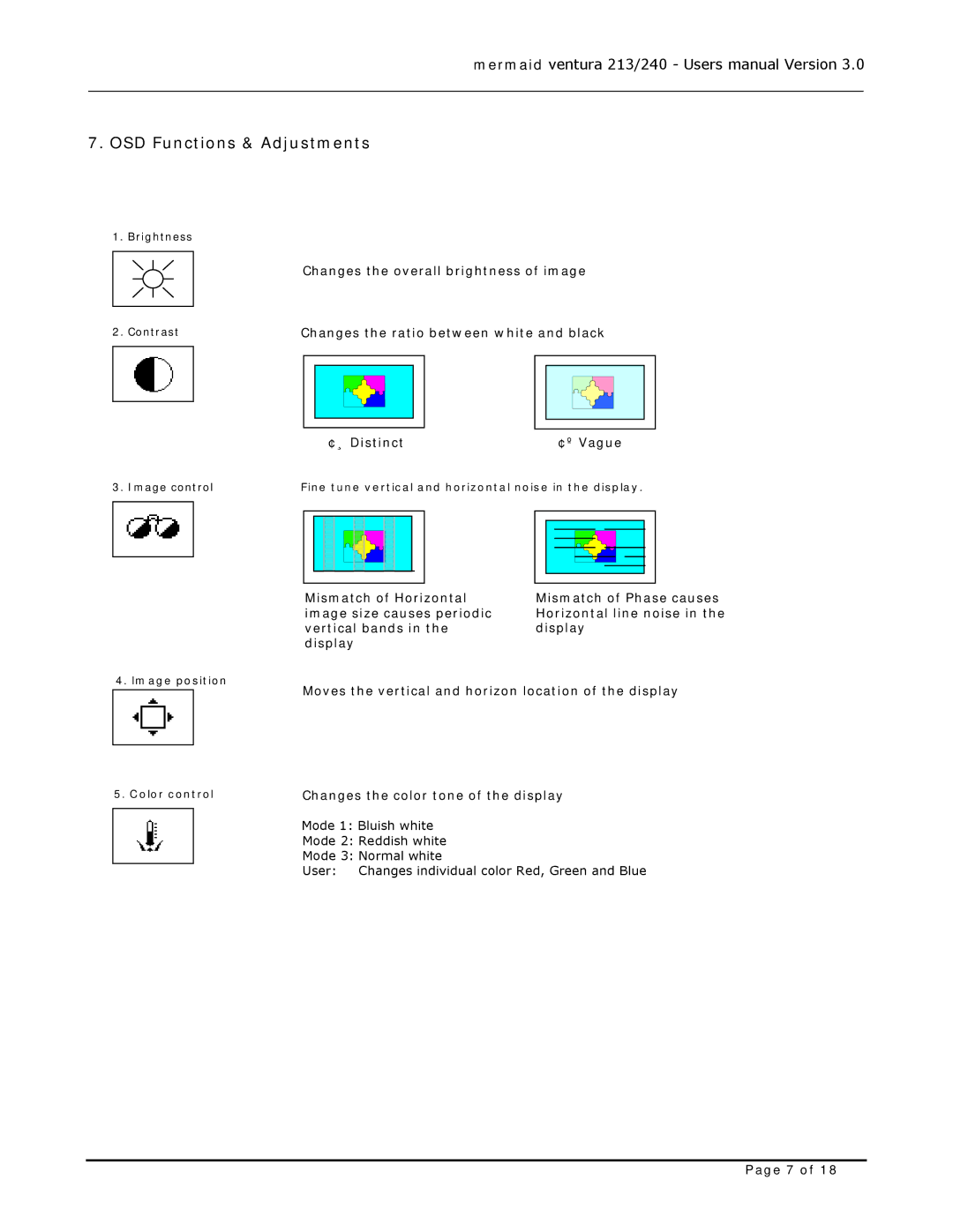 Mermaid Technology 240, 213 user manual OSD Functions & Adjustments, Changes the overall brightness of image 