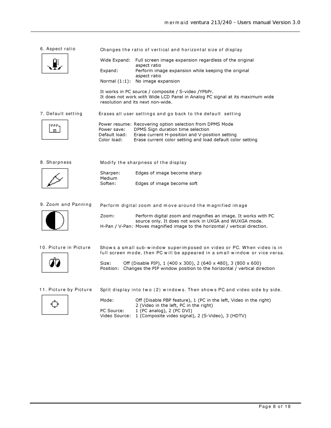 Mermaid Technology 213 Erases all user settings and go back to the default setting, Modify the sharpness of the display 