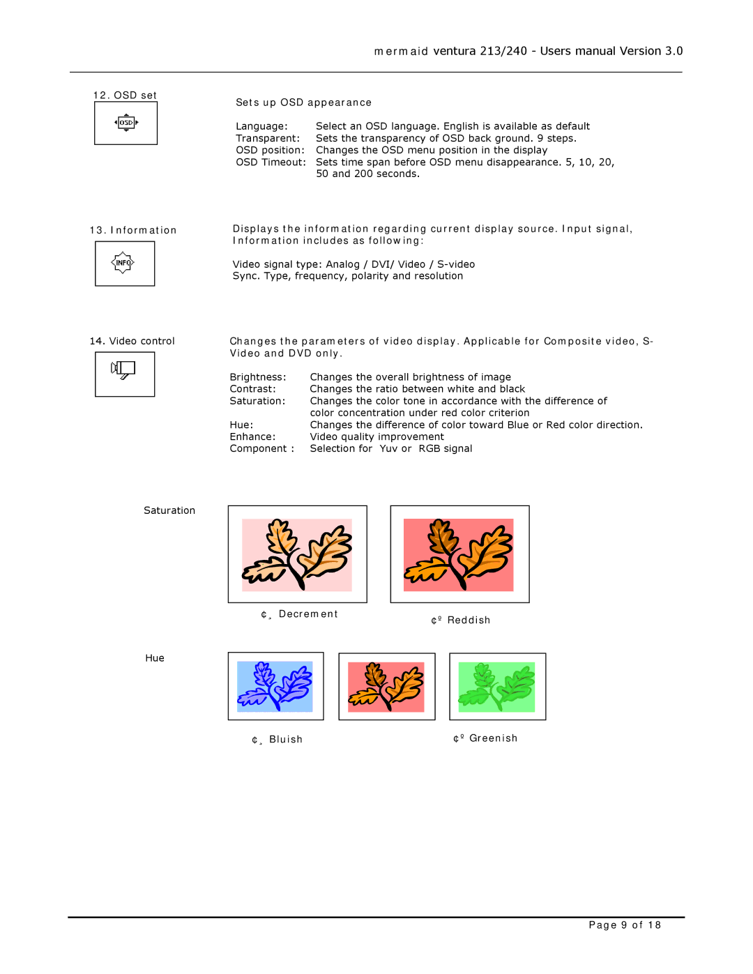 Mermaid Technology 240, 213 user manual OSD set Sets up OSD appearance, Information, ¢¸ Decrement, ¢¸ Bluish 