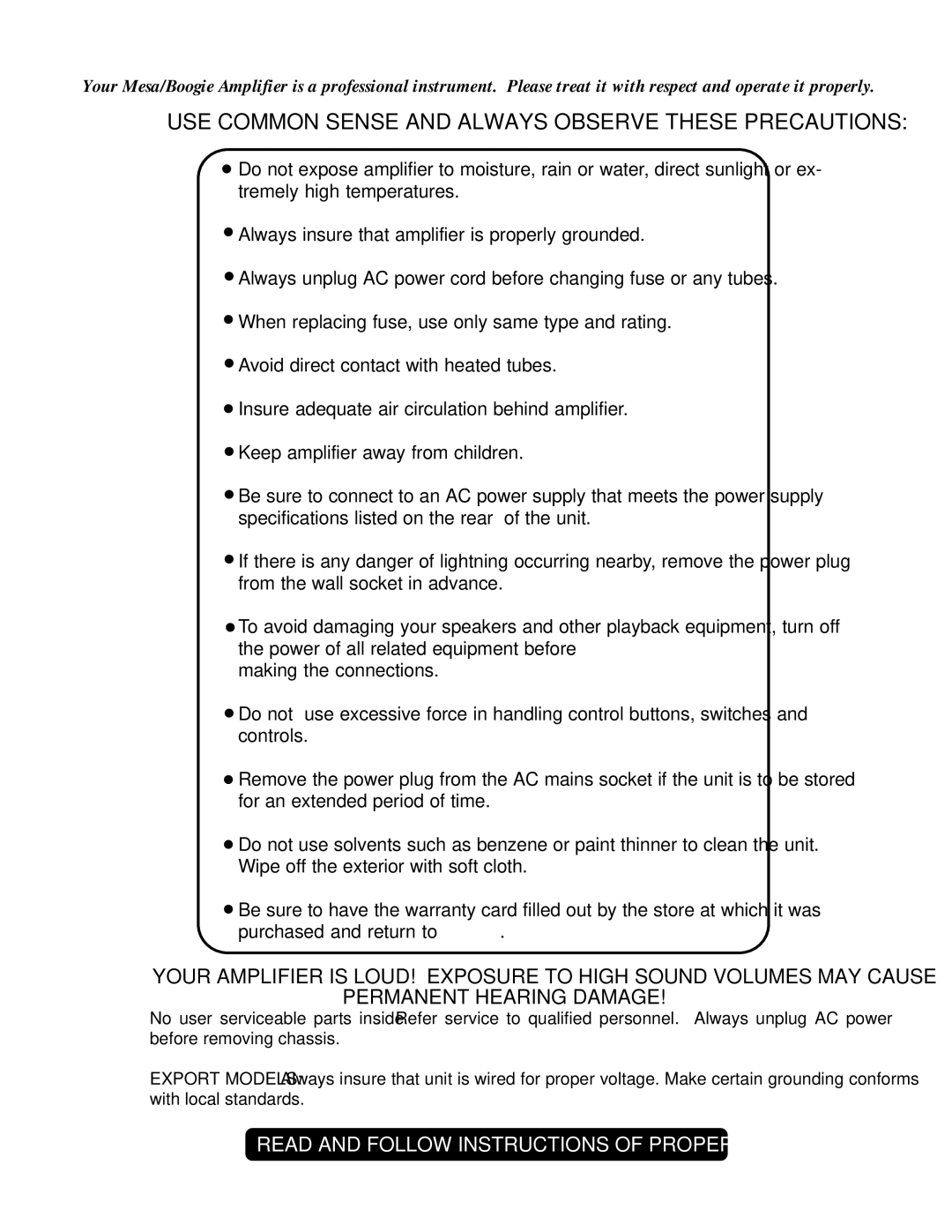 Mesa/Boogie 100, 45, 55 owner manual USE Common Sense and Always Observe These Precautions 